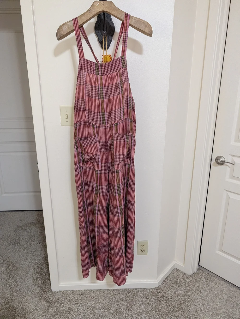 Natural Life Dakota Plaid Tie Overalls in Pink Plaid - Picture 3 of 5